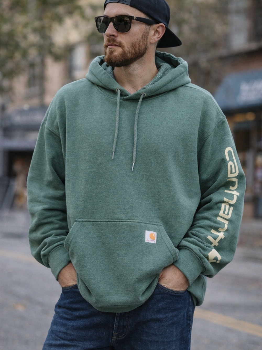 Carhartt Green Hoodie 2XL Loose Fit Pullover Sweatshirt Workwear Streetwear